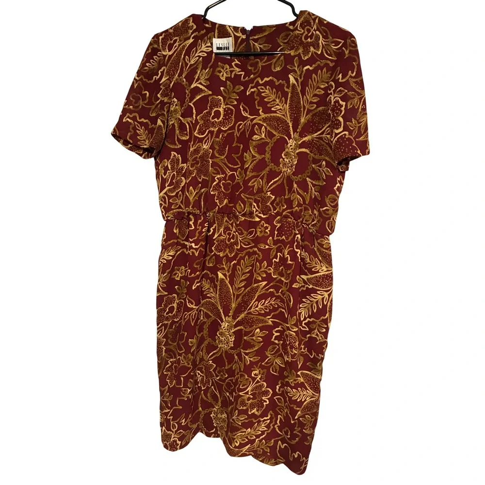 Leslie Fay Petite‎ Vintage 80s Floral Sheath Dress Burgundy Gold Size 6P